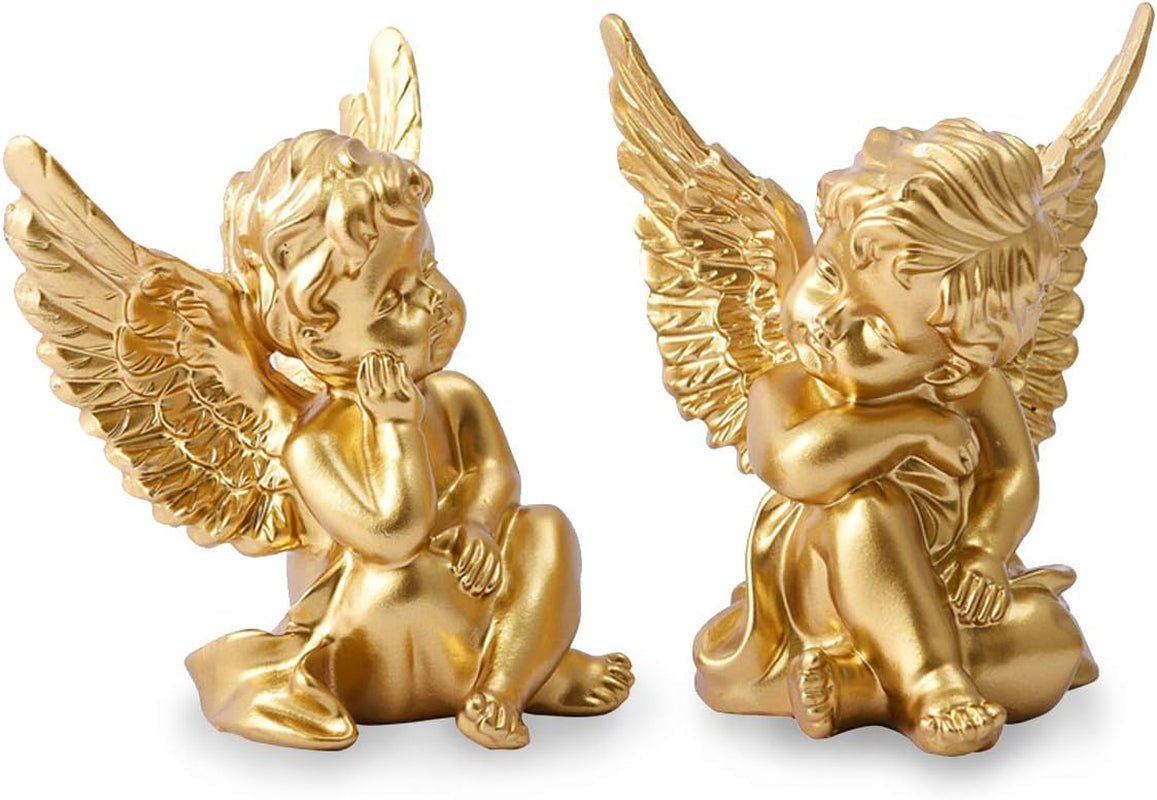 Set of 2 Cherubs Angels Resin Statue Figurine, Indoor Home Decoration, Adorable Angel Sculpture Memorial Statue 4" - Gold