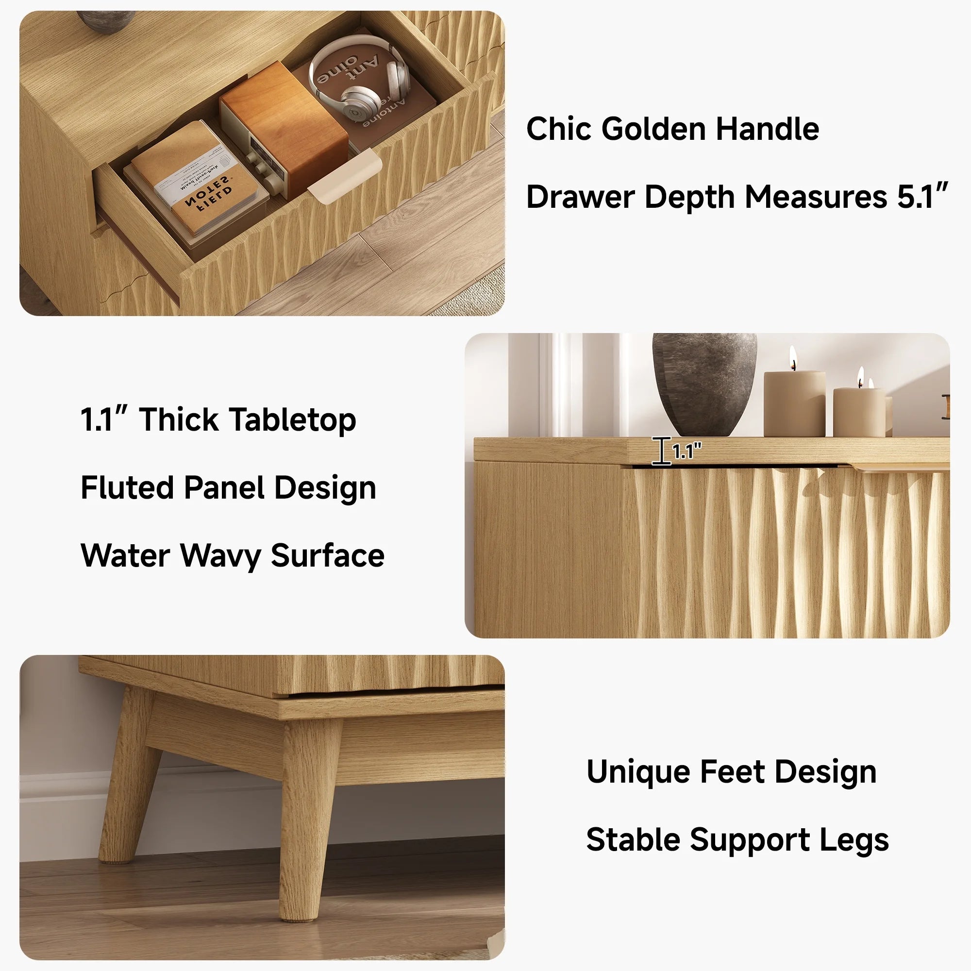 Fluted Dresser for Bedroom with 6 Drawers, 48" Wide Modern Chest of Drawers with Elegant Wave Design, Wooden Dresser TV Stand, Closet Clothes Storage Organizer for Living Room, Hallway