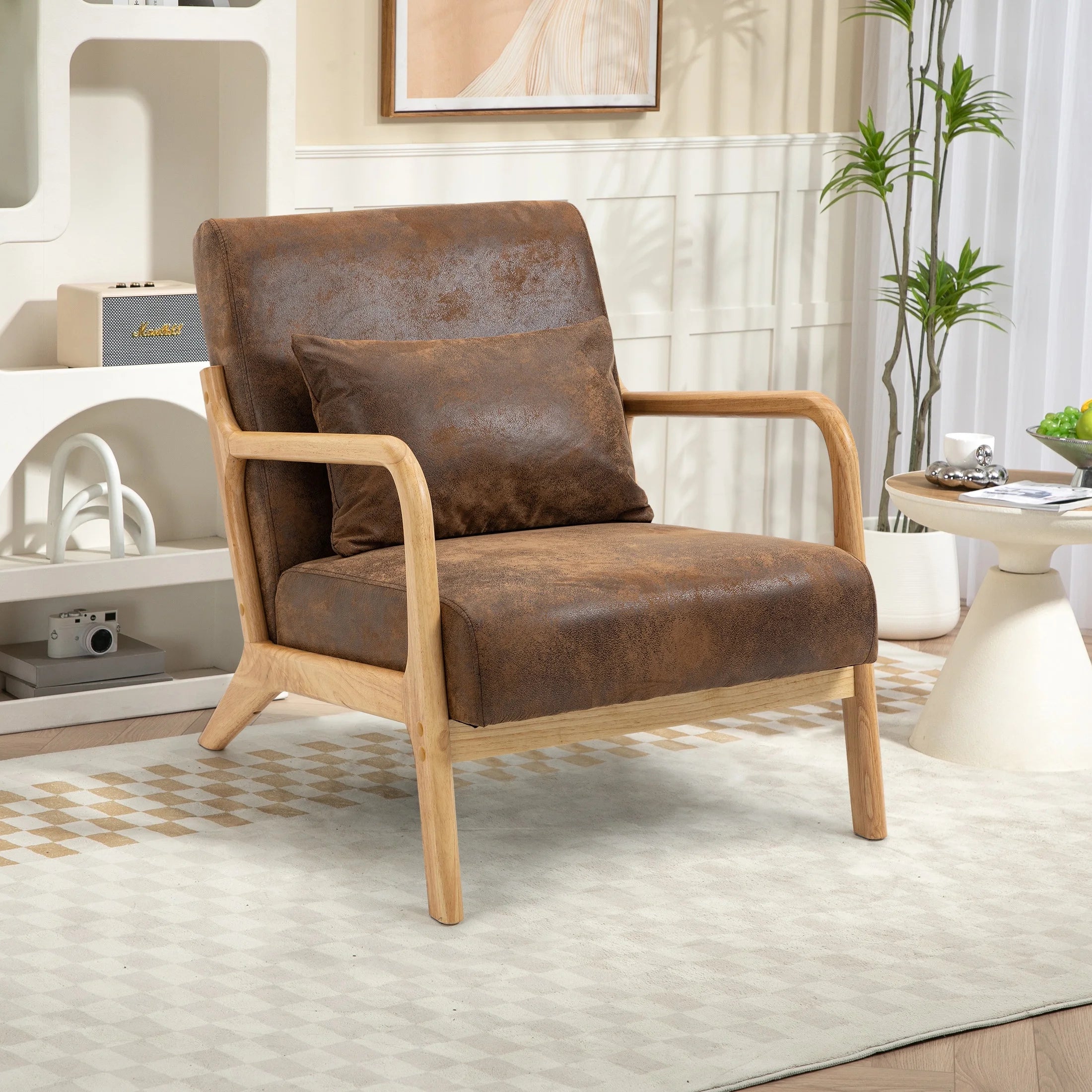 Mid-Century Modern Accent Chair, PU Leather Arm Chair with Wood Frame and Pillow, Upholstered Armchair Comfort Reading Chair Lounge Chair for Living Room Bedroom Sunroom, Brown
