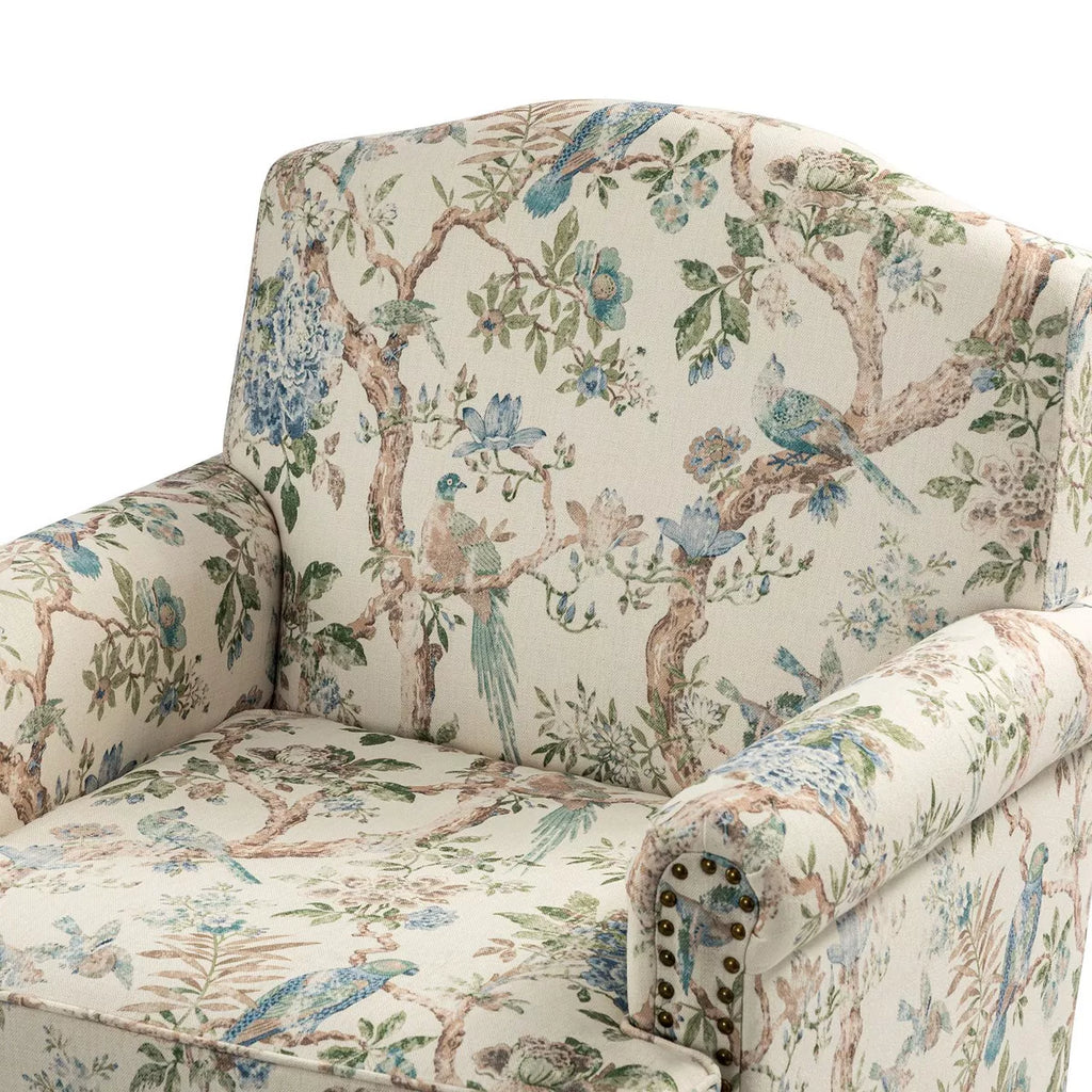 Yahweh Transitional Wooden Upholstered Floral Pattern Design Armchair with Panel Arms and Camelback| ART of LIVING DESIGNS
