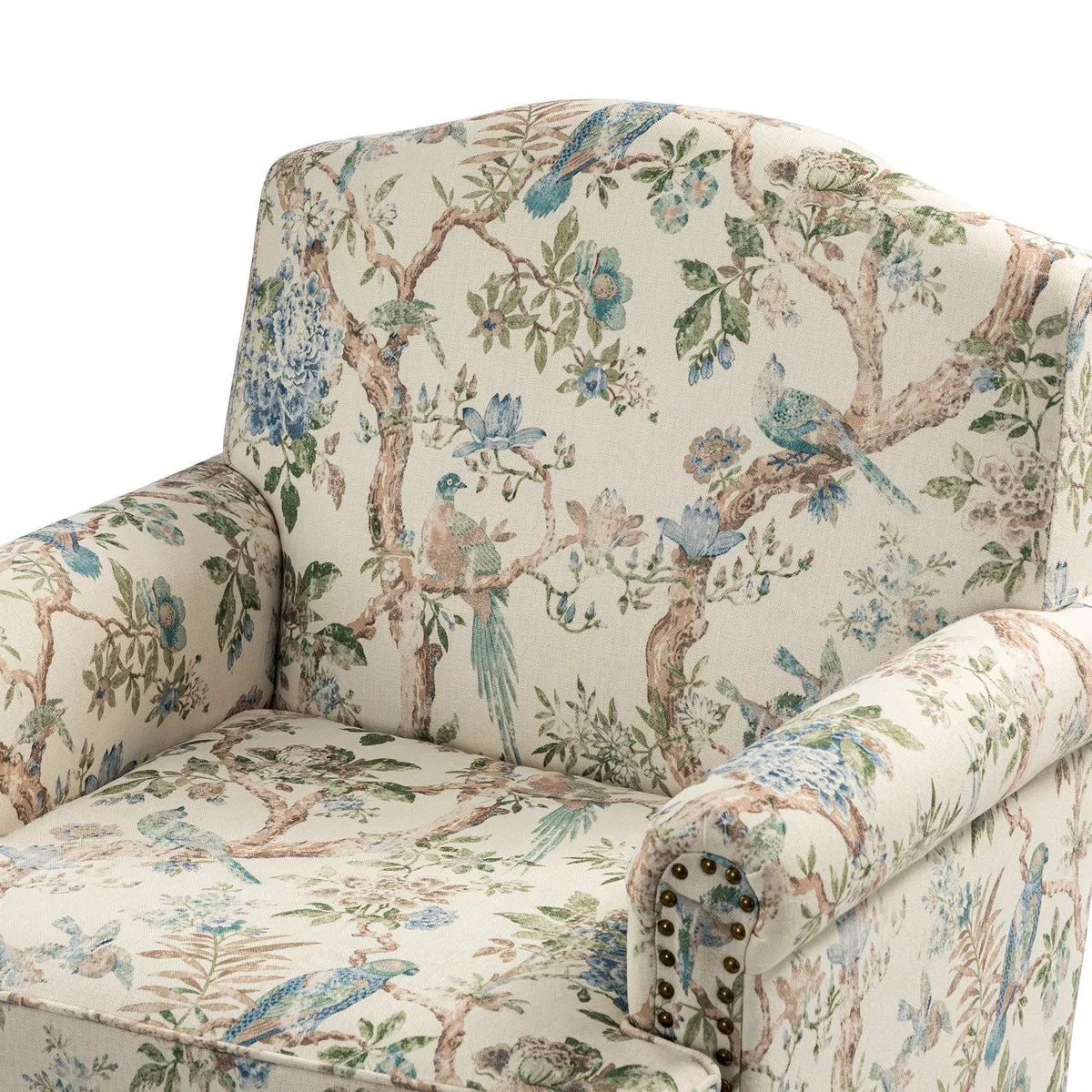 Yahweh Transitional Wooden Upholstered Floral Pattern Design Armchair with Panel Arms and Camelback| ART of LIVING DESIGNS