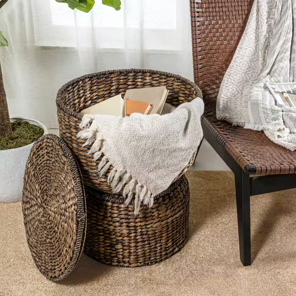 Bhola 18 In. Hourglass Handwoven Hyacinth Storage Accent Table with Lid, Brown Wash