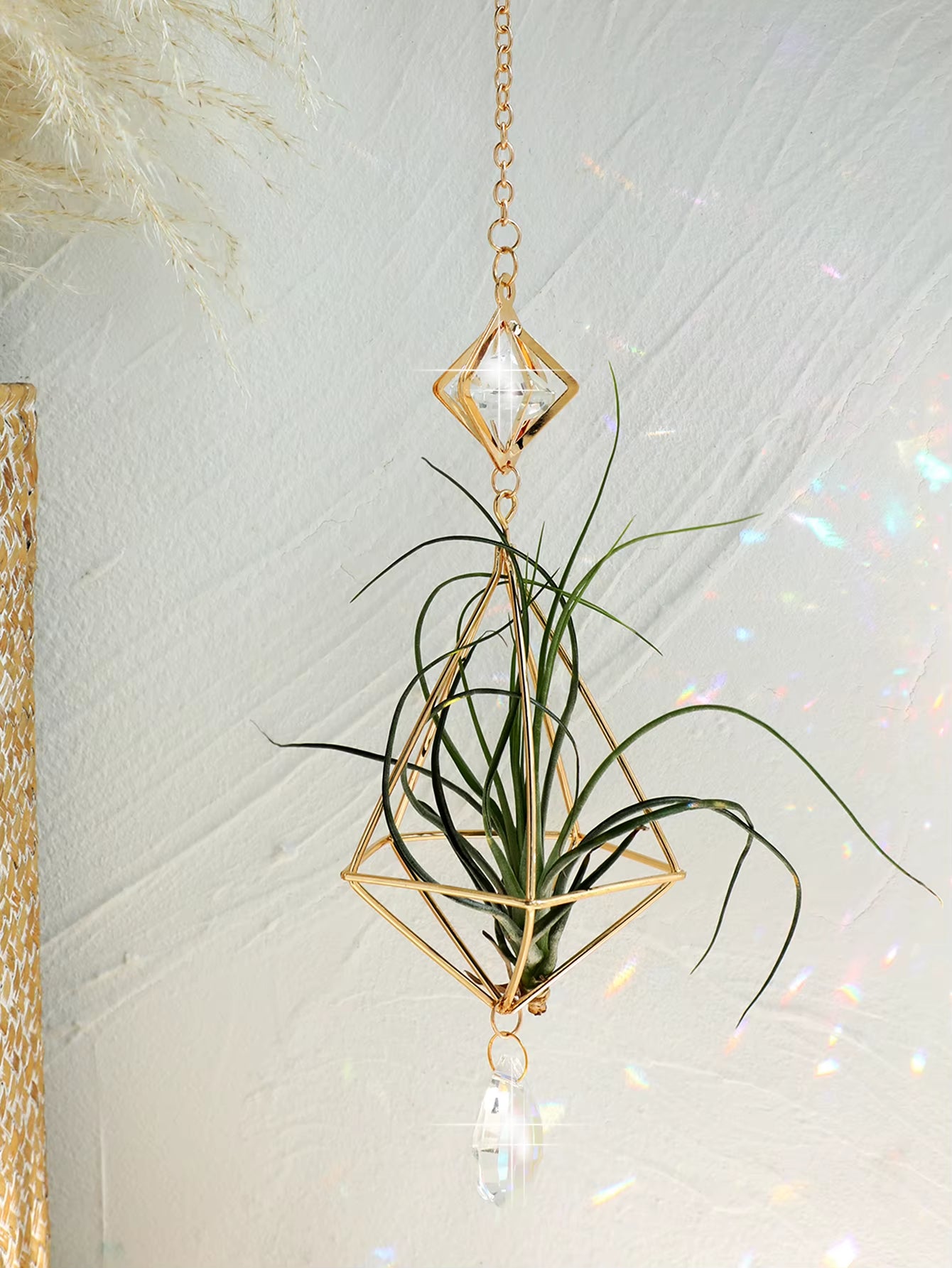 Garden Suncatchers Gold Hanging Air Plant Holder Tillandsia Air Plants Hanger Air Fern Display Planter with Crystal Home Decor