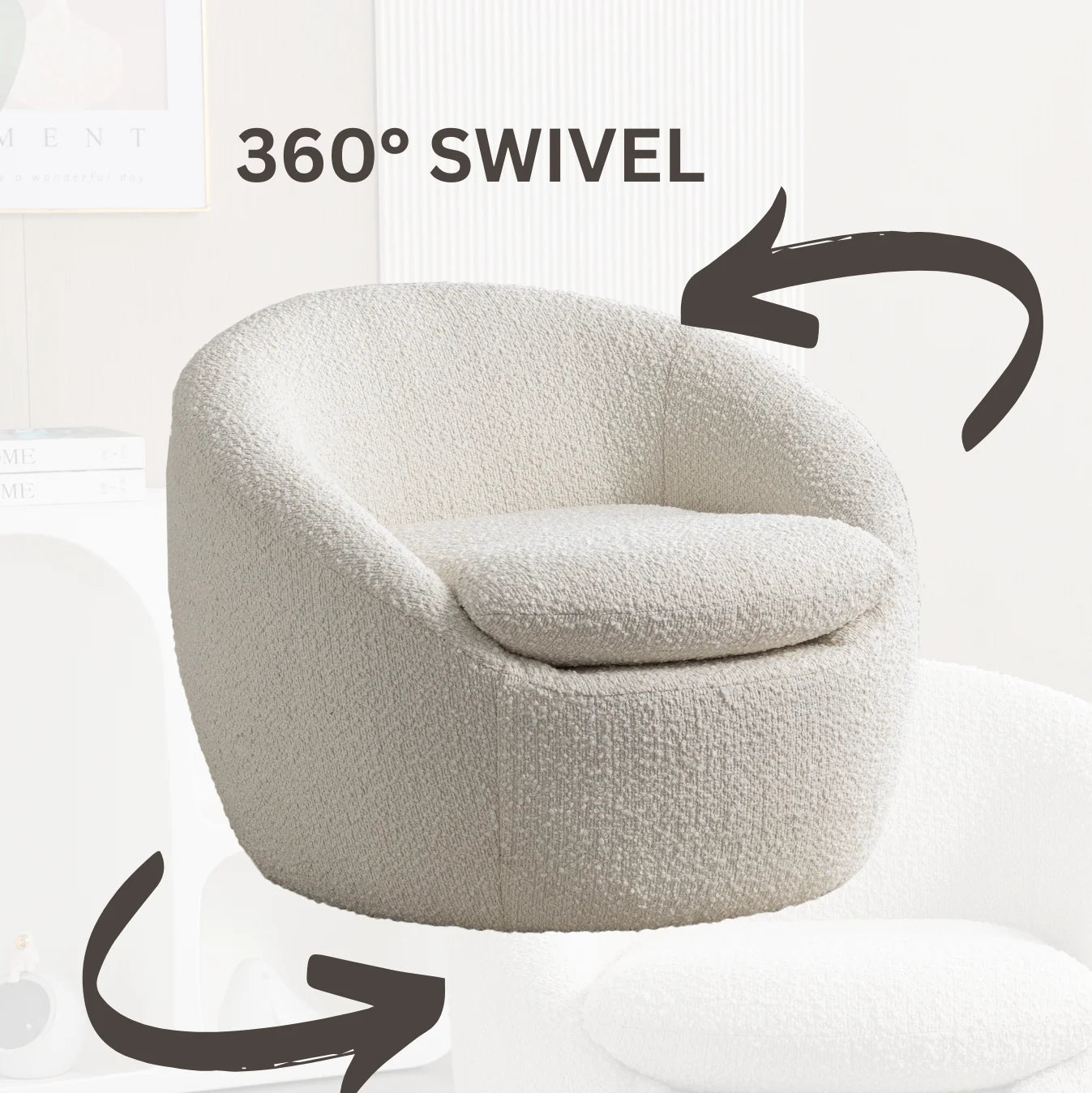 Winnie Modern Teddy Boucle Fabric Barrel Chair, 360 Degree Swivel, White
