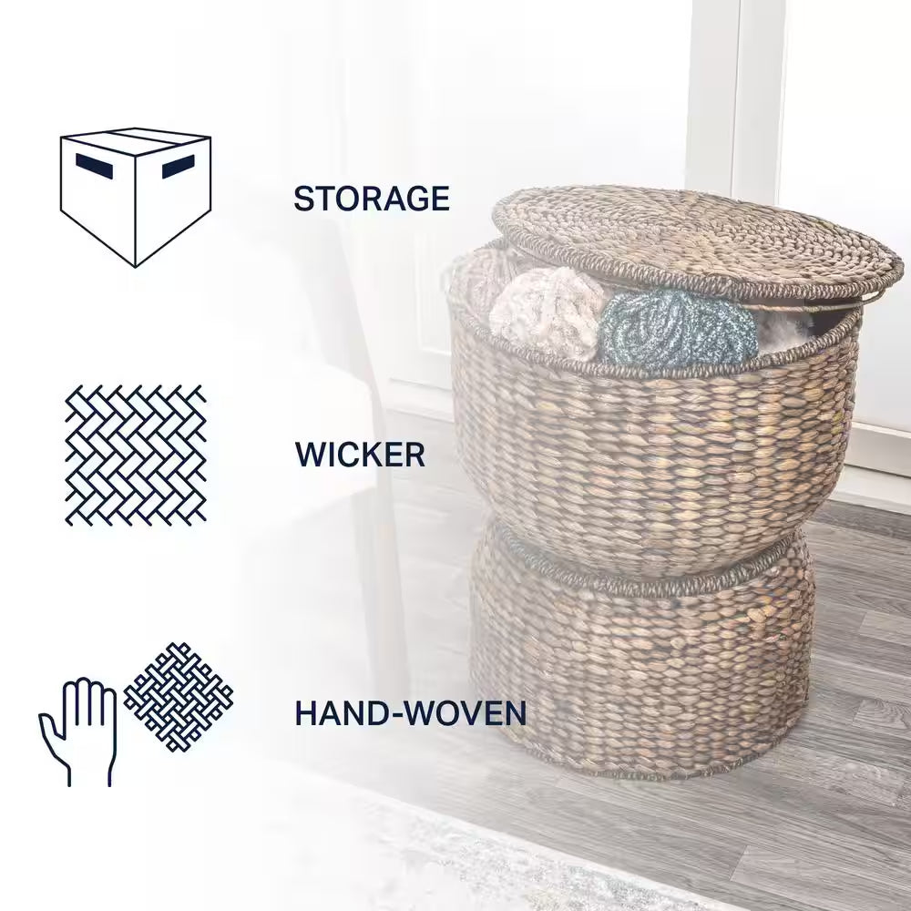 Bhola 18 In. Hourglass Handwoven Hyacinth Storage Accent Table with Lid, Brown Wash