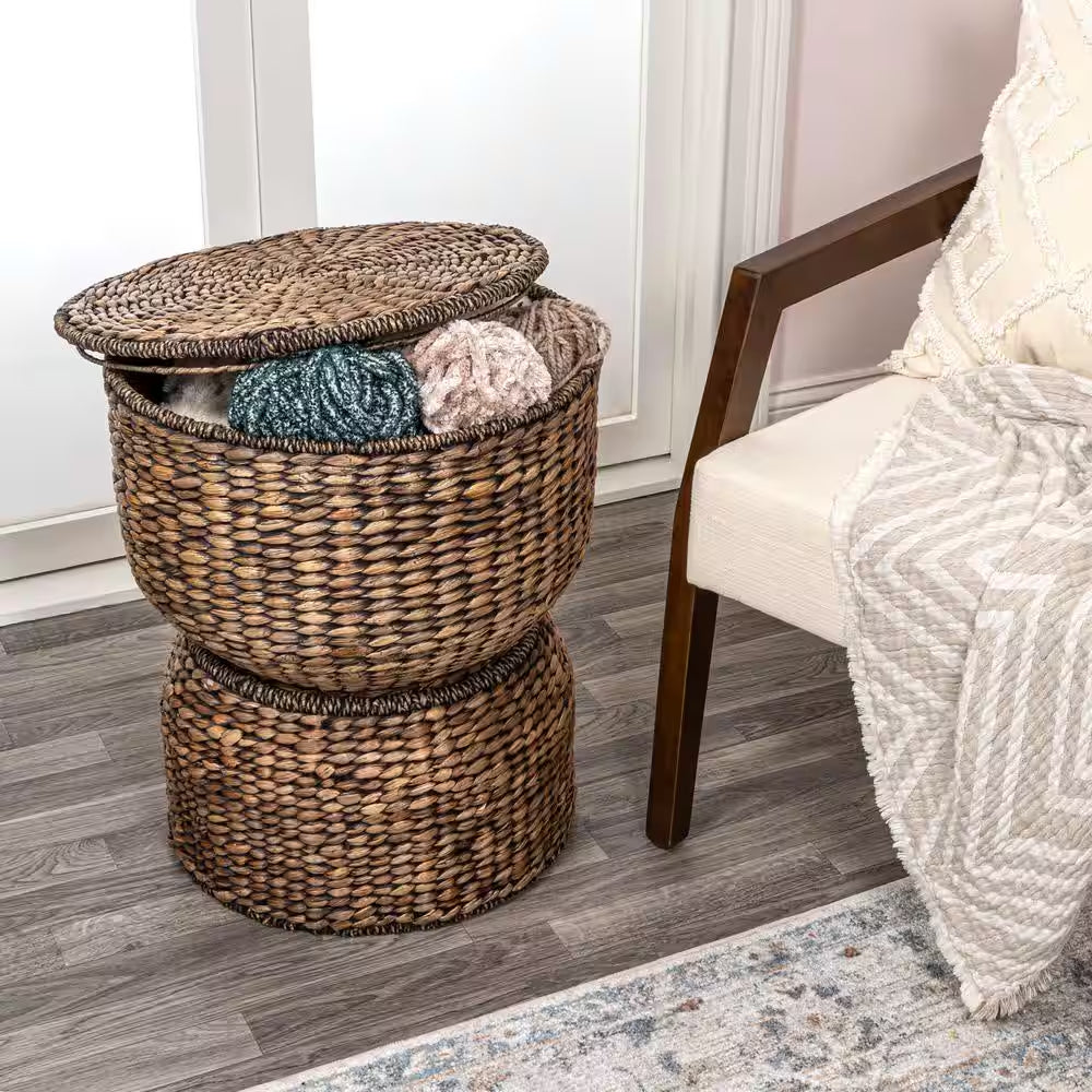 Bhola 18 In. Hourglass Handwoven Hyacinth Storage Accent Table with Lid, Brown Wash