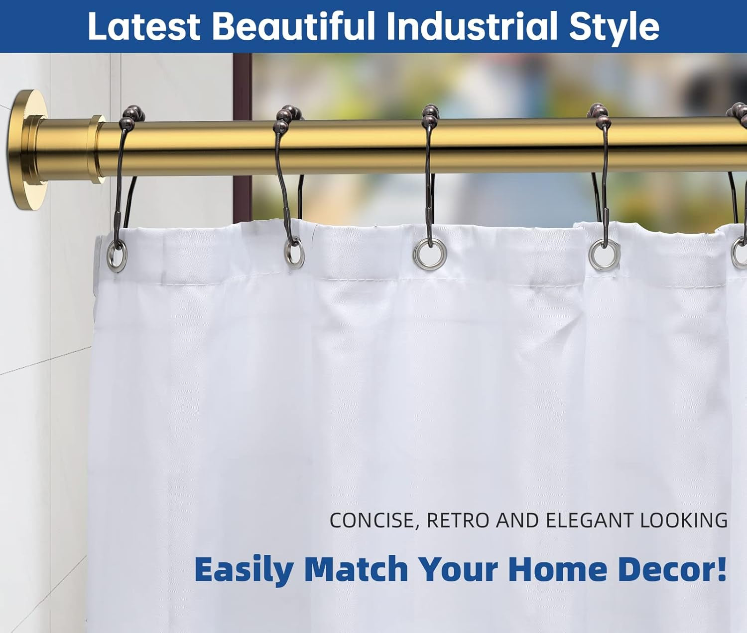 Industrial Shower Curtain Rod - Rustproof Non-Slip 43-72 Inches Tension Curtain Rod for Window or Bathroom, Sunglow Gold