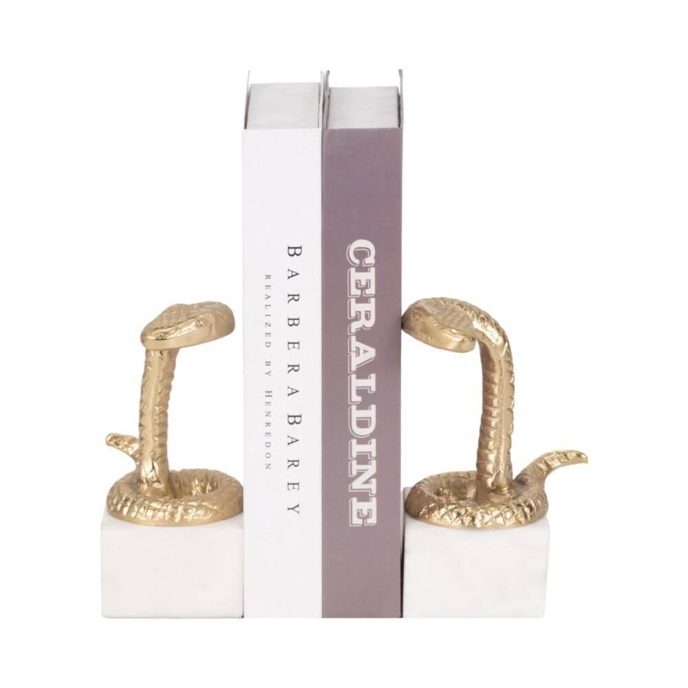 8 In. Gold Metal and Marble Novelty Snake Bookends (Set of 2)