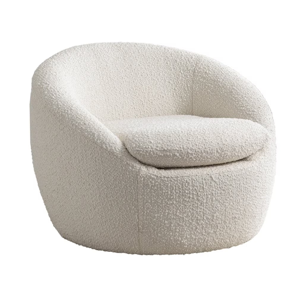 Winnie Modern Teddy Boucle Fabric Barrel Chair, 360 Degree Swivel, White