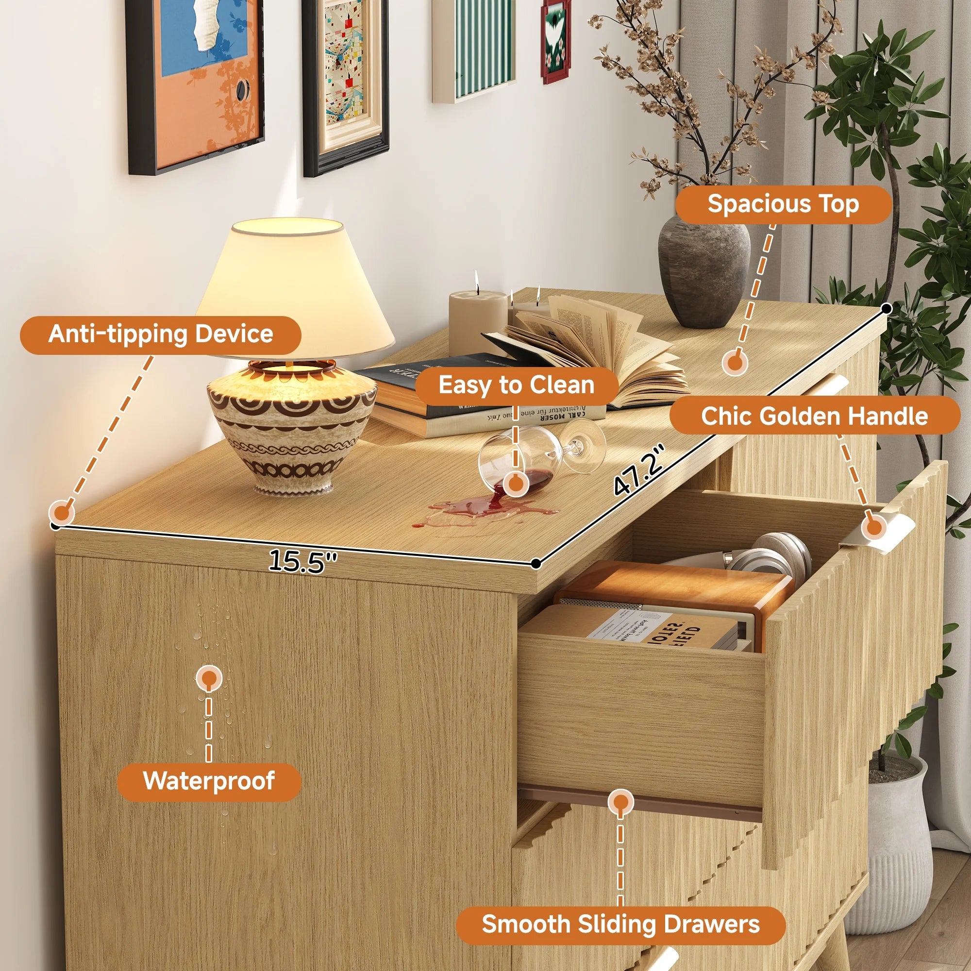 Fluted Dresser for Bedroom with 6 Drawers, 48" Wide Modern Chest of Drawers with Elegant Wave Design, Wooden Dresser TV Stand, Closet Clothes Storage Organizer for Living Room, Hallway