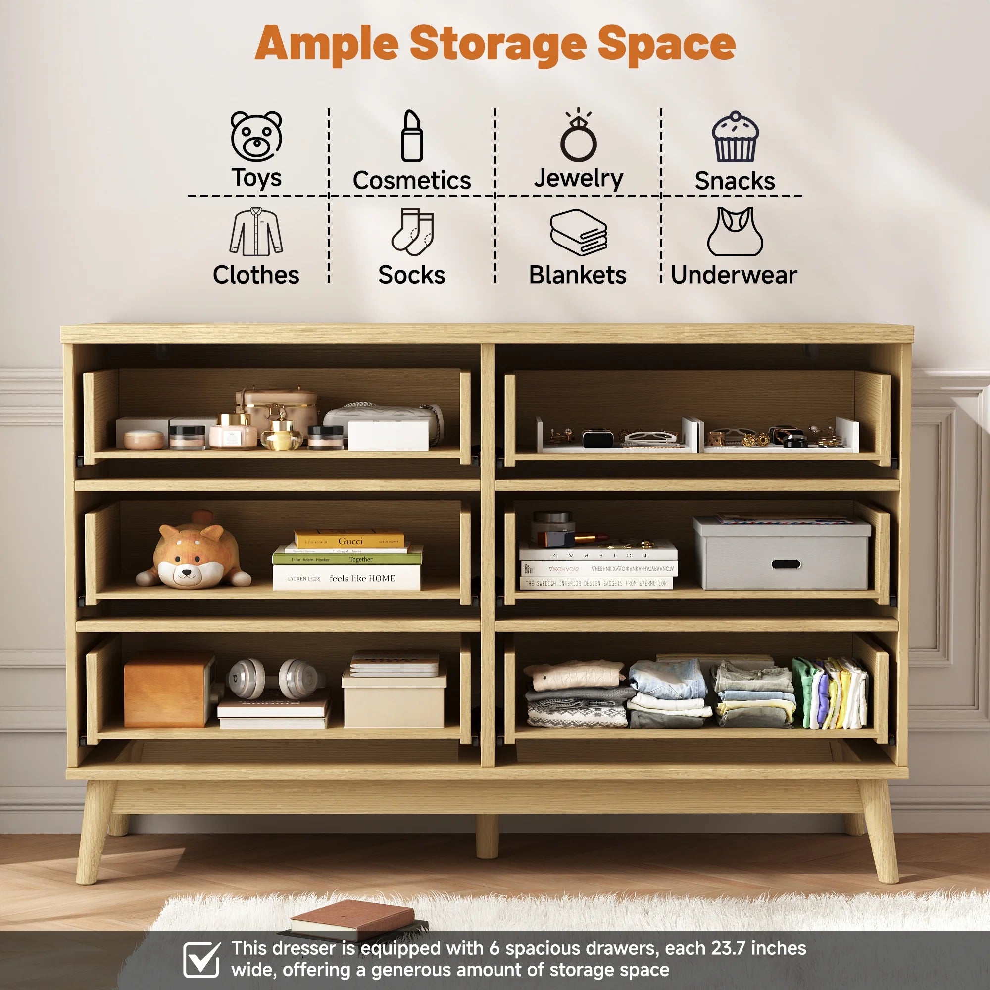 Fluted Dresser for Bedroom with 6 Drawers, 48" Wide Modern Chest of Drawers with Elegant Wave Design, Wooden Dresser TV Stand, Closet Clothes Storage Organizer for Living Room, Hallway