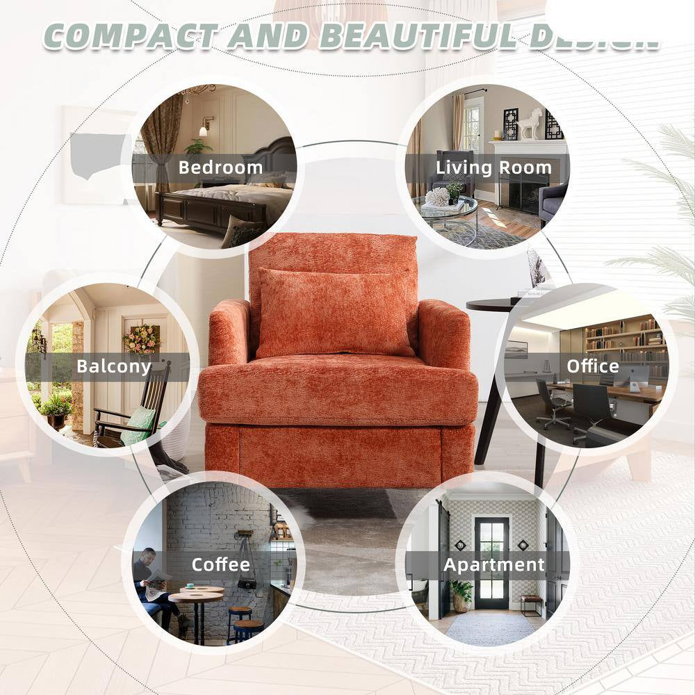 Modern Oversized Orange Chenille Wood Frame Upholstered Accent Armchair