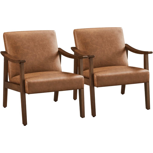 2Pcs Mid-Century Upholstered Faux Leather Armchair with Solid Wood Legs,Brown