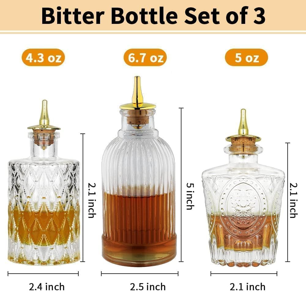 Bitters Bottle Set - Glass Vintage Bottle, Decorative Bottles with Dash Top, Dasher Bottles for Making Cocktail Great for Bartender Home Bar (3 Pack)