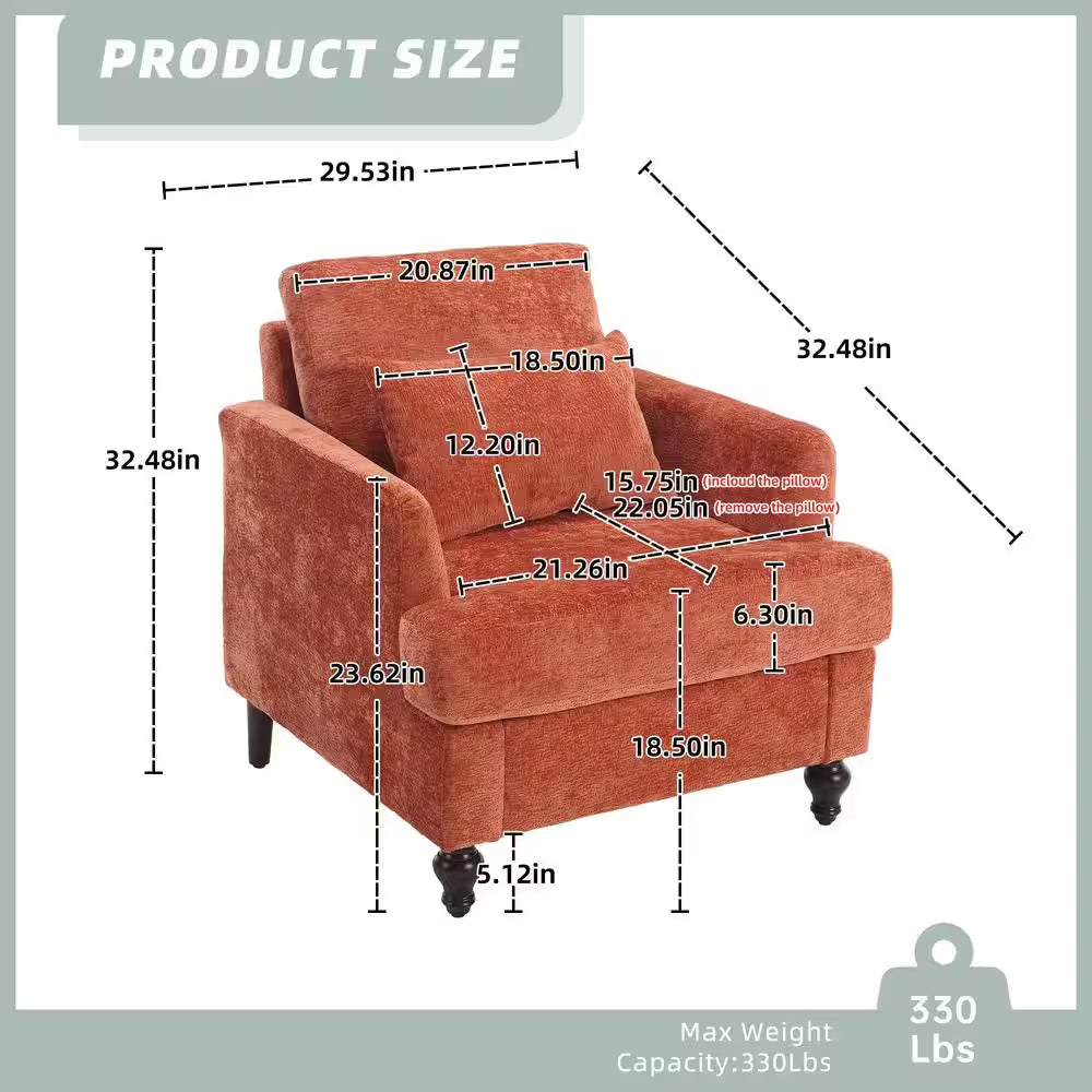 Modern Oversized Orange Chenille Wood Frame Upholstered Accent Armchair