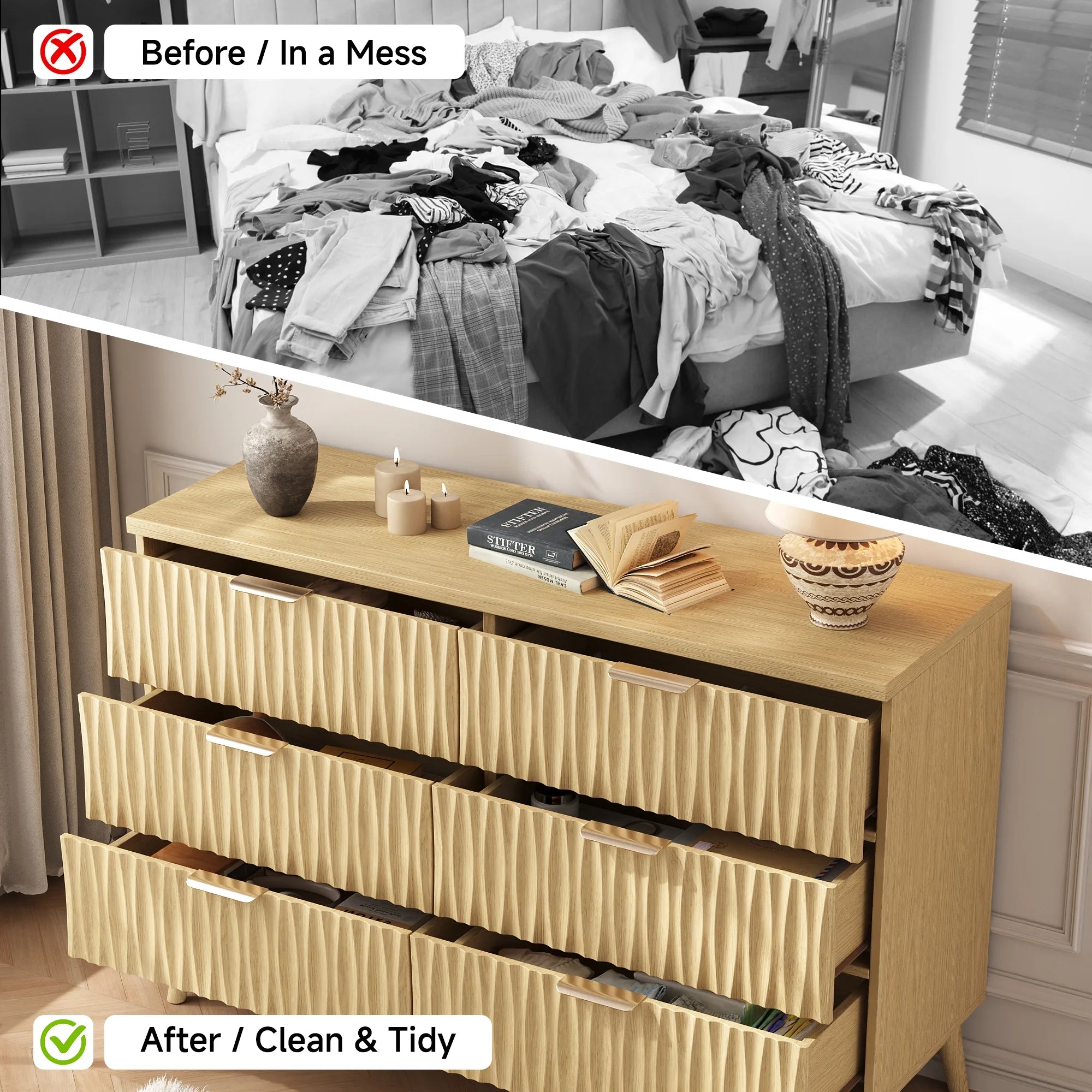 Fluted Dresser for Bedroom with 6 Drawers, 48" Wide Modern Chest of Drawers with Elegant Wave Design, Wooden Dresser TV Stand, Closet Clothes Storage Organizer for Living Room, Hallway