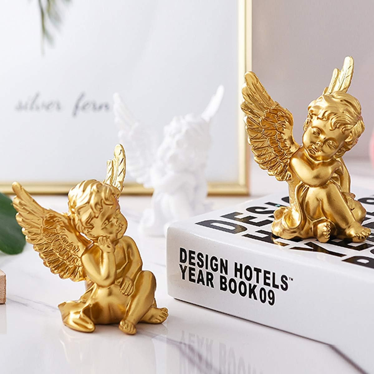 Set of 2 Cherubs Angels Resin Statue Figurine, Indoor Home Decoration, Adorable Angel Sculpture Memorial Statue 4" - Gold