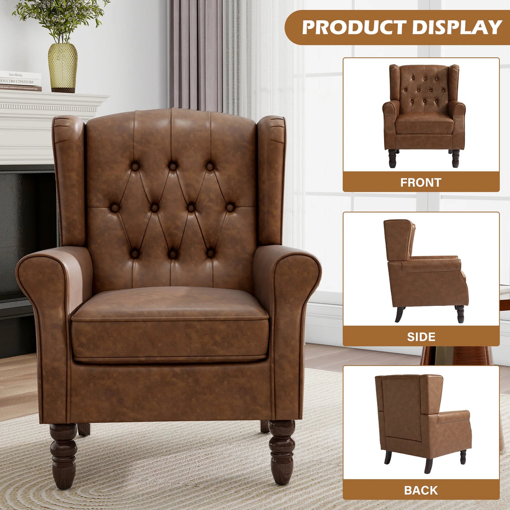 Wingback Accent Chair Set of 2, PU Leather Upholstered Armchair for Living Room Arm Chair, Brown