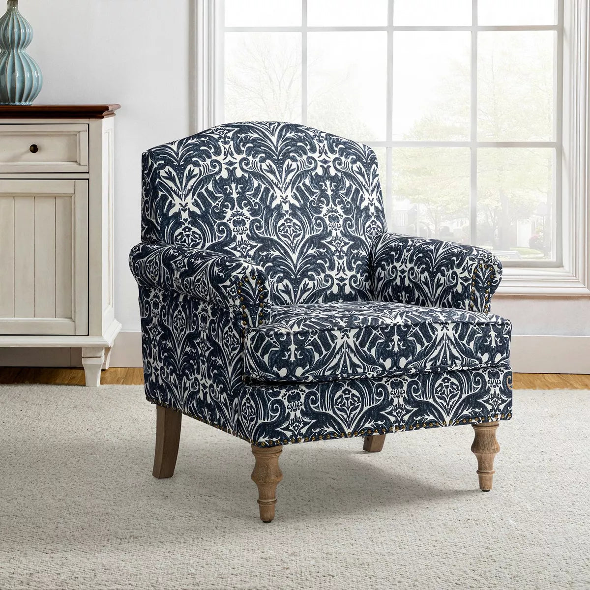 Yahweh Transitional Wooden Upholstered Floral Pattern Design Armchair with Panel Arms and Camelback| ART of LIVING DESIGNS