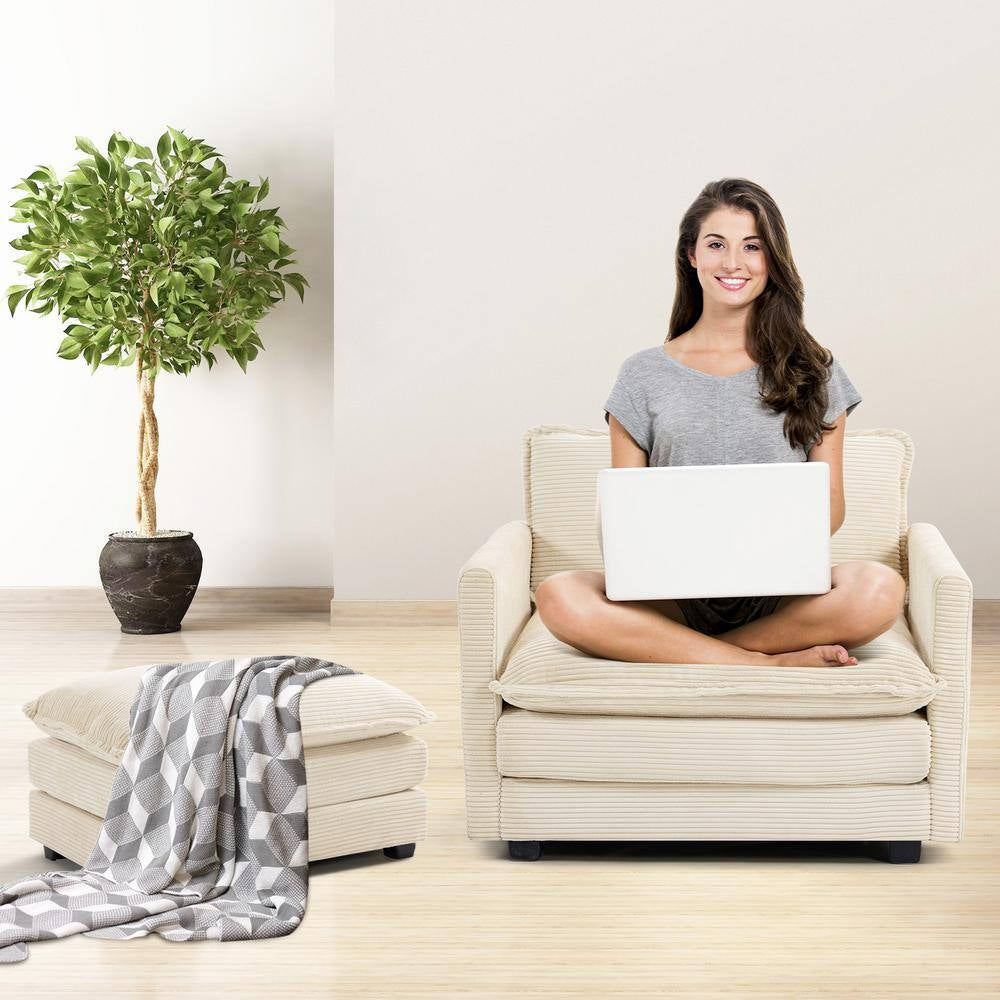 Modern Beige Corduroy Accent Armchair with Ottoman for Living
