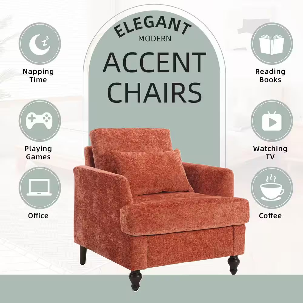 Modern Oversized Orange Chenille Wood Frame Upholstered Accent Armchair