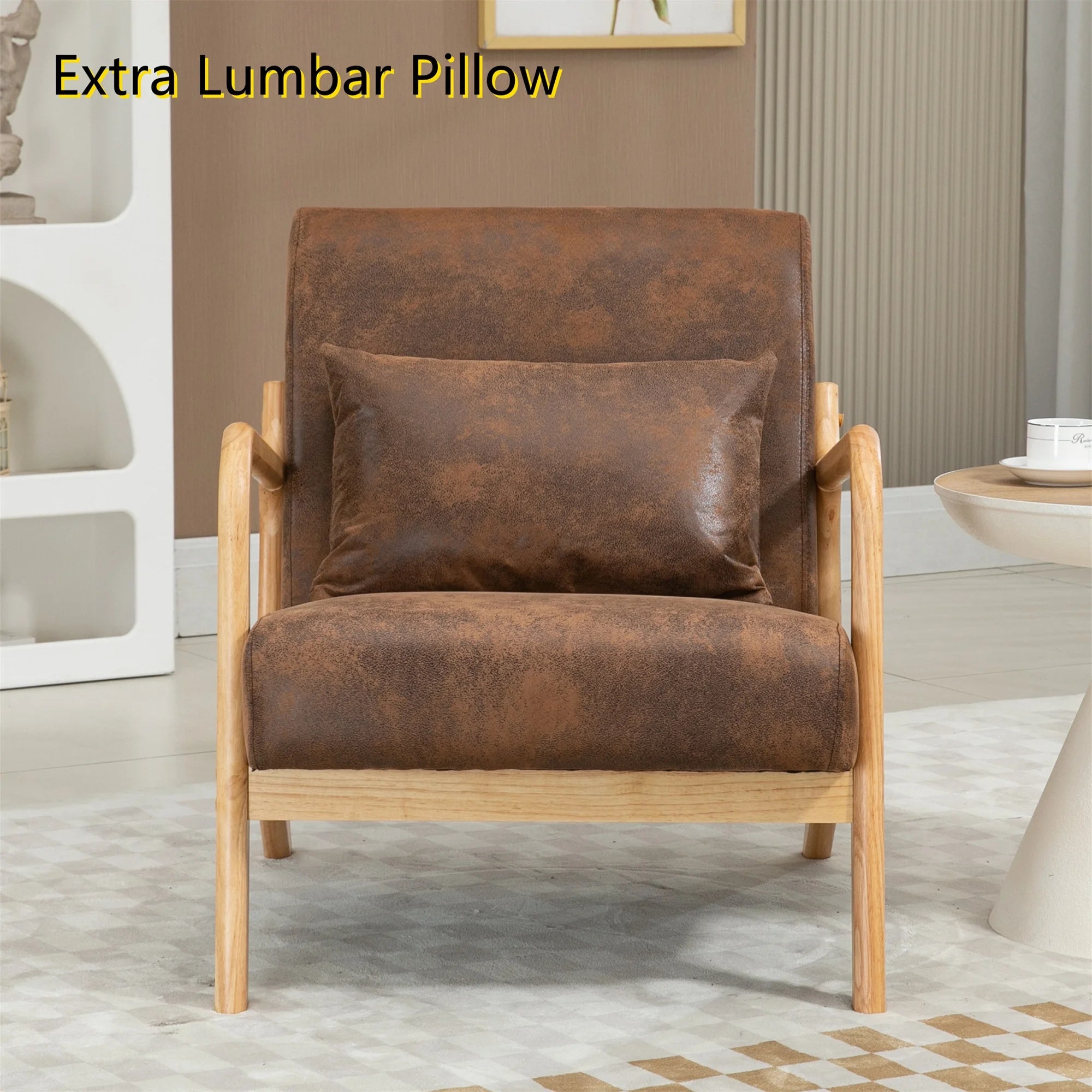 Mid Century Modern Accent Chair W/ Lumbar Pillow for Living Room, Wood Frame, Leather, Brown