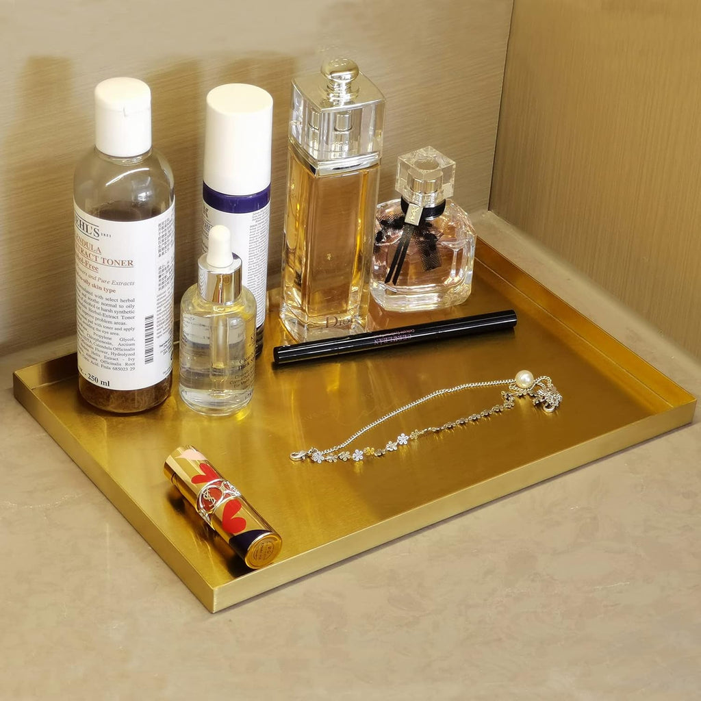 Gold Tray for Bathroom Vanity Brass Decor, Small Candle Holder, Rectangle Soap Dish, Brushed Square Plate, Coffee Table Toilet Back Modern Antique, 8''X12''