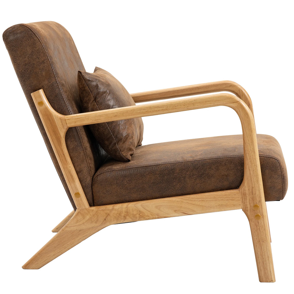Mid-Century Modern Accent Chair, PU Leather Arm Chair with Wood Frame and Pillow, Upholstered Armchair Comfort Reading Chair Lounge Chair for Living Room Bedroom Sunroom, Brown