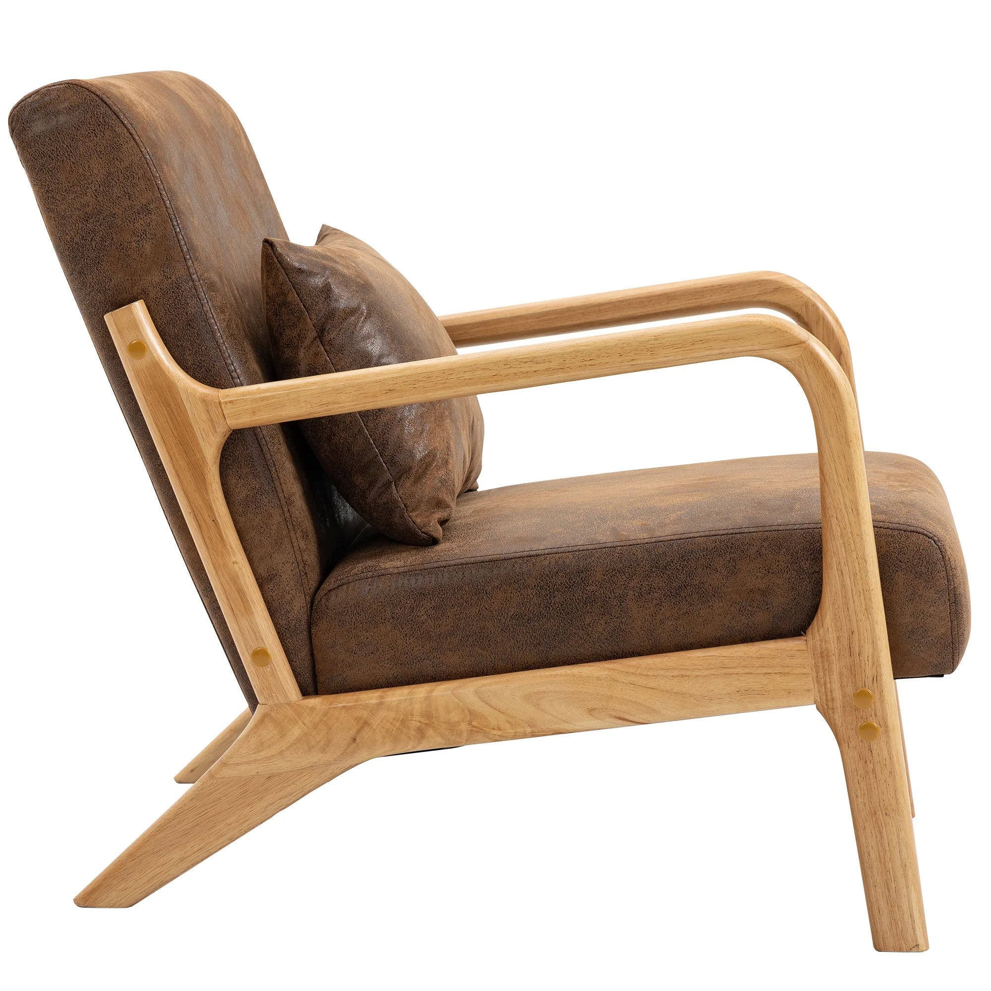 Mid-Century Modern Accent Chair, PU Leather Arm Chair with Wood Frame and Pillow, Upholstered Armchair Comfort Reading Chair Lounge Chair for Living Room Bedroom Sunroom, Brown