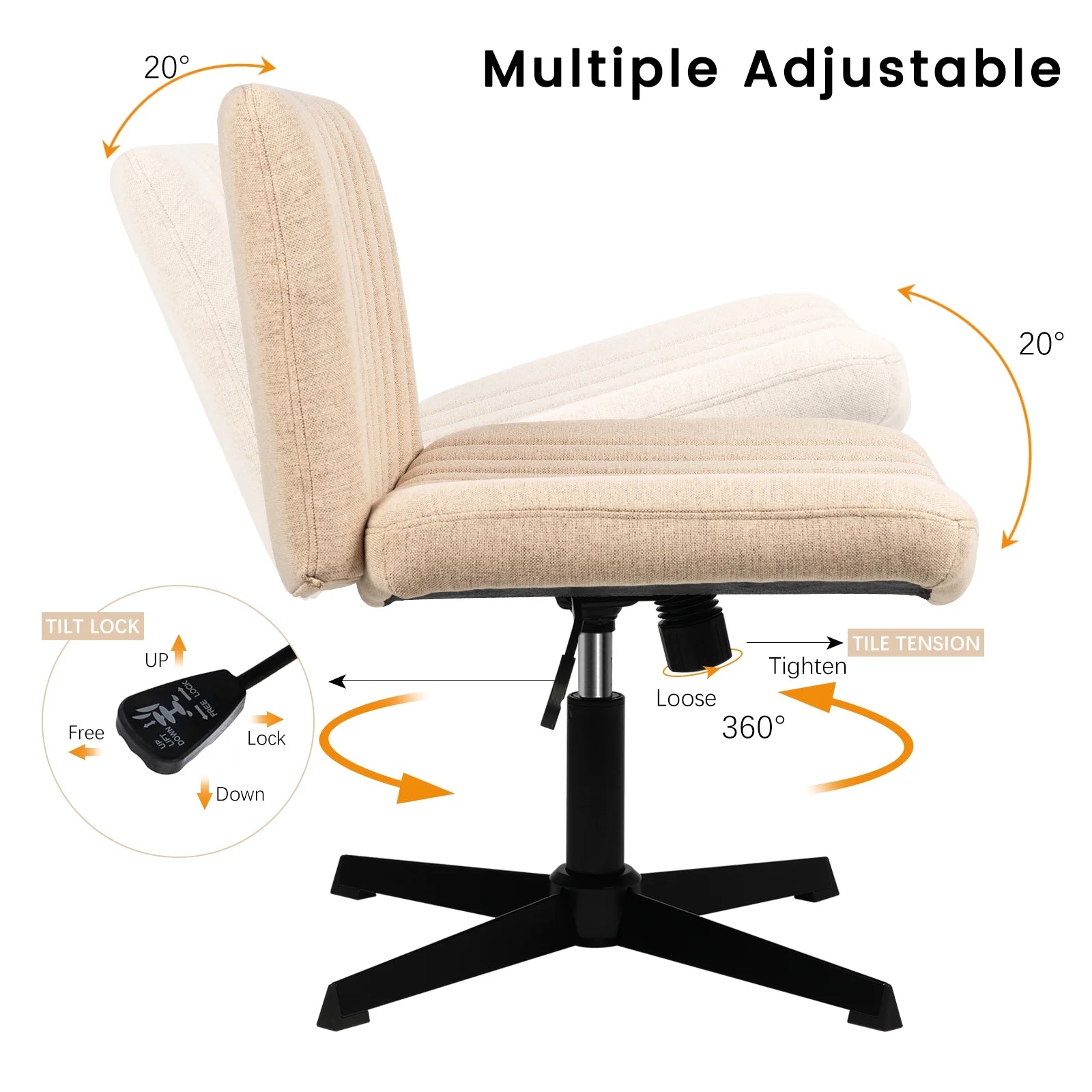 Armless Office Desk Chair No Wheels,Fabric Padded Modern Swivel Vanity Chair,Height Adjustable Wide Seat Computer Chair