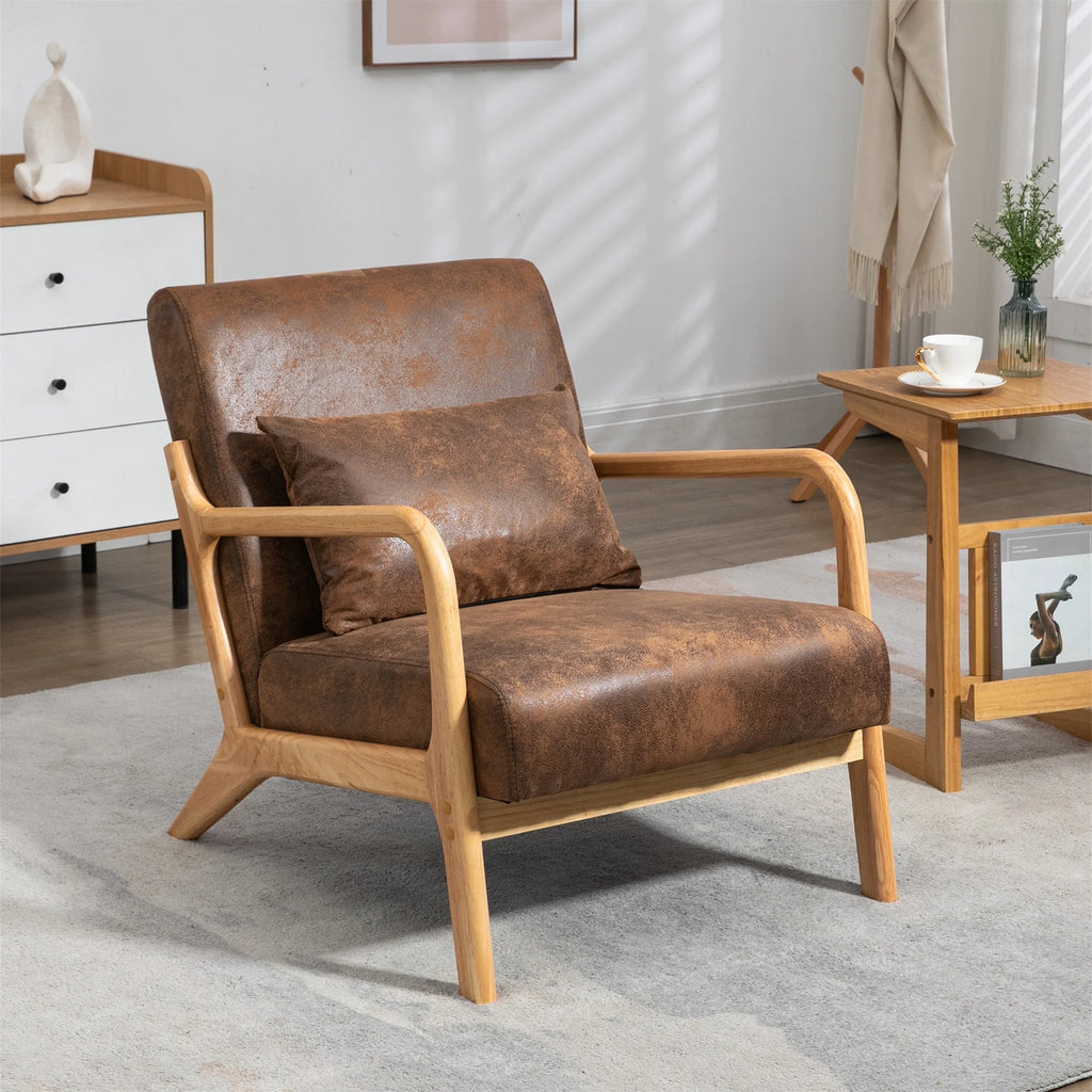 Mid Century Modern Accent Chair W/ Lumbar Pillow for Living Room, Wood Frame, Leather, Brown