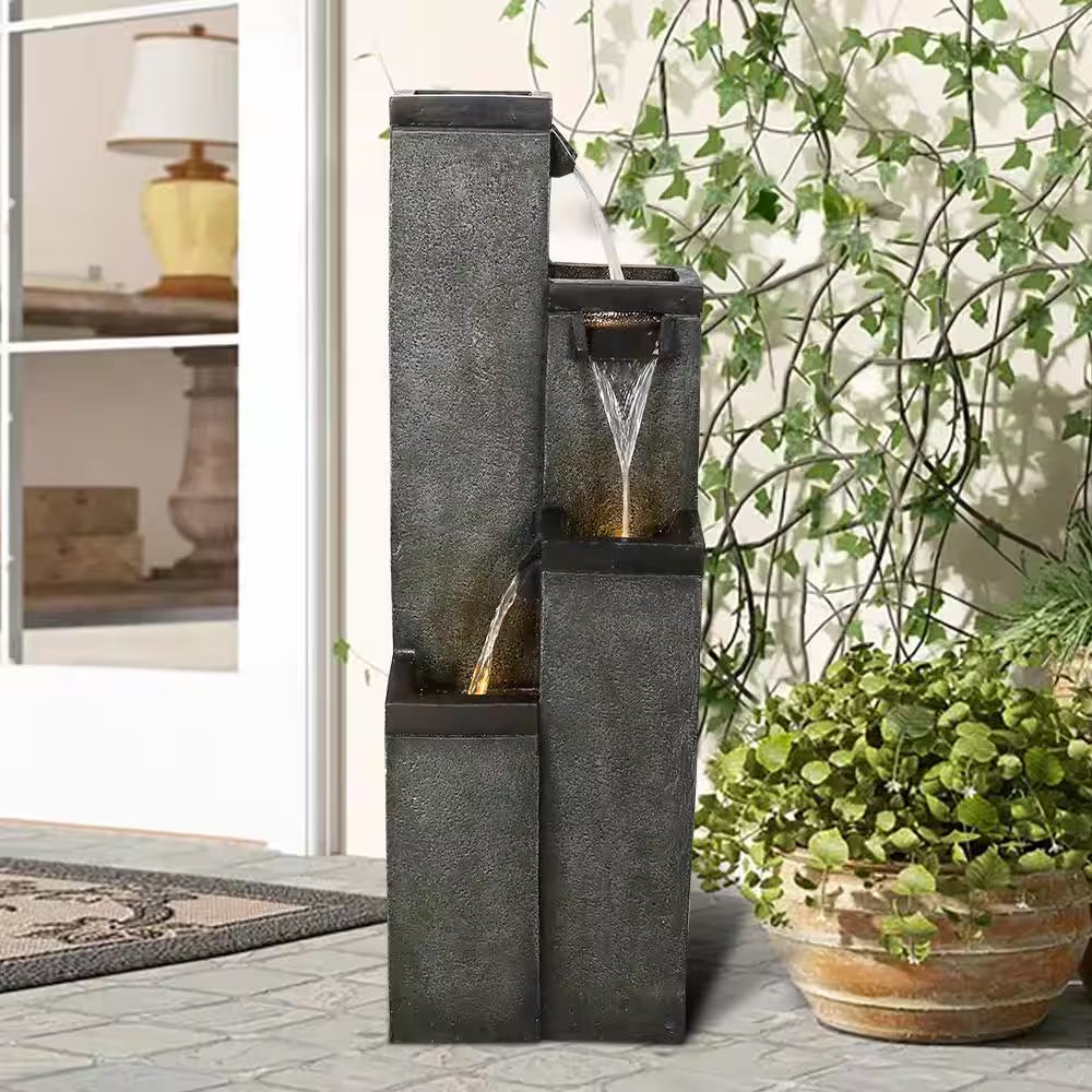 Resin Relaxing Waterfall Fountains - 39.3 In. Geometric Indoor-Outdoor Fountain 4-Tiered Garden Fountain with LED Lights
