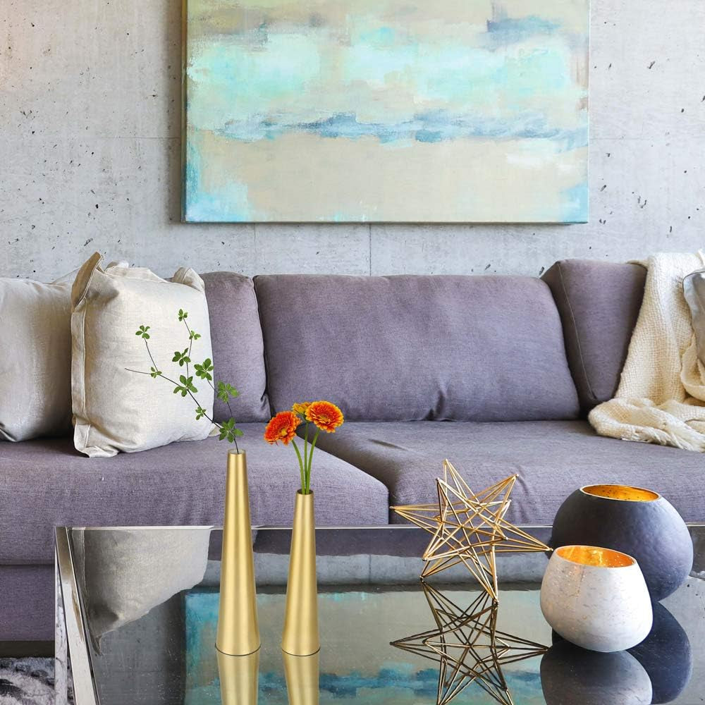 10.5/8.5 Inch Gold Metal Vase Small Dried Flower Vase Set of 2 Taper Vase for Wedding Table Centerpiece Decorations, Home Decor (Gold)