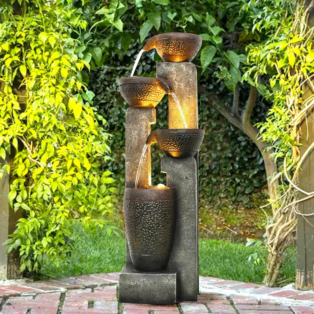 40 In. Garden Water Fountain with LED Lights, Garden Decor