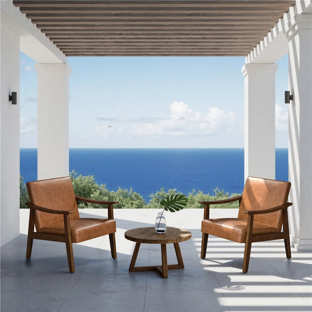 2Pcs Mid-Century Upholstered Faux Leather Armchair with Solid Wood Legs,Brown