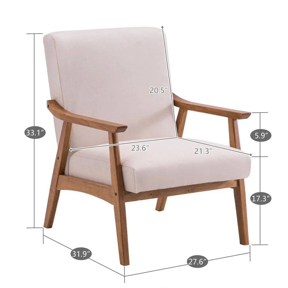 Mid-Century Modern Arm Chair with Solid Wood Frame, Linen Fabric Lounge Chair Club Chair,Beige