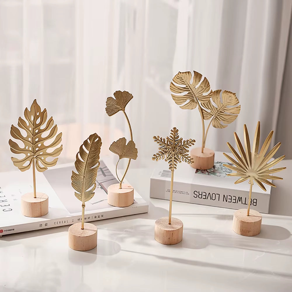 Golden Ginkgo Leaf Feather Metal Model Statue - Desktop Craft Ornament Photo Prop Home Decor Manual Sculpture Home Decoration