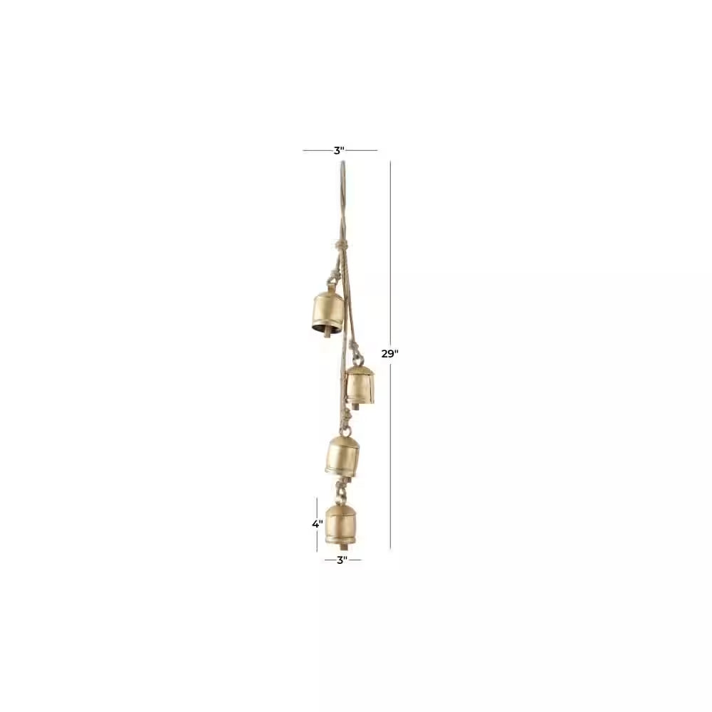 Gold Metal Tibetan Inspired Cylindrical Decorative Bell with Jute Hanging Rope