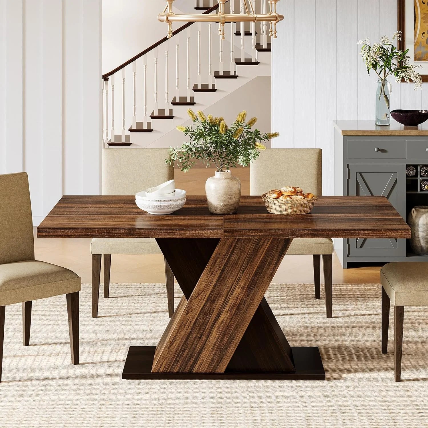 Farmhouse Dining Table for 4-6 People, 55-Inch Rectangle Kitchen Table, Wood Dining Room Table for Dining Room