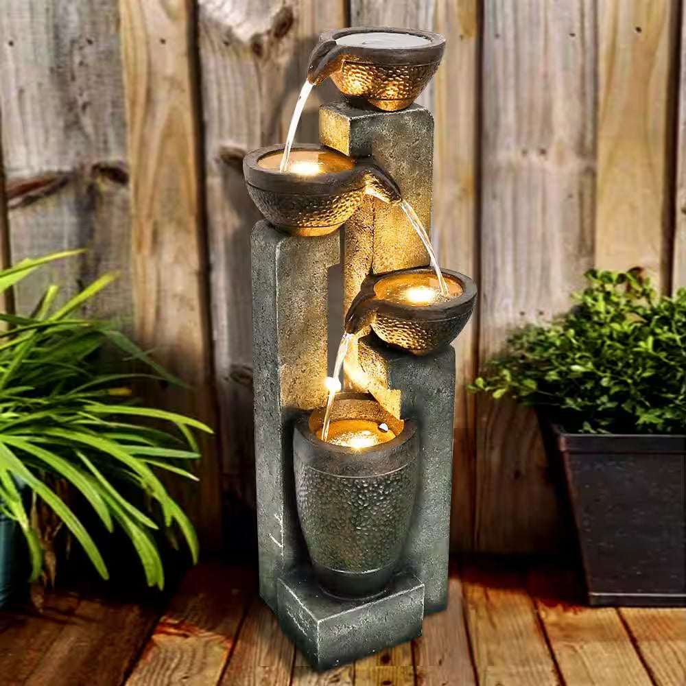 40 In. Garden Water Fountain with LED Lights, Garden Decor