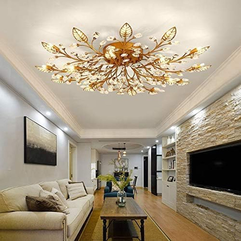 Elegant Gold Crystal Leaf Ceiling Light Fixture - 15-Light Chandelier