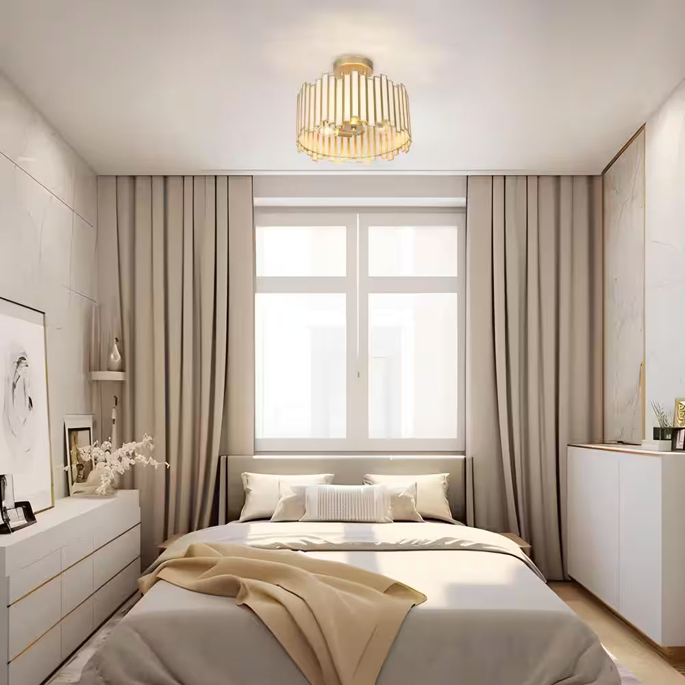 Modern 12.5 In. 3-Light Gold Drum Semi-Flush Mount with White Stained Glass Shade, LED Compatible