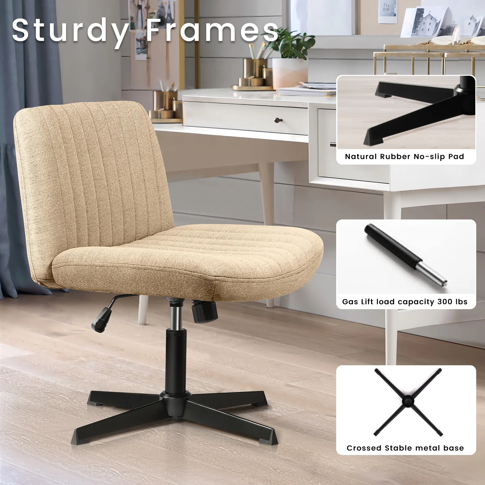 Armless Office Desk Chair No Wheels,Fabric Padded Modern Swivel Vanity Chair,Height Adjustable Wide Seat Computer Chair