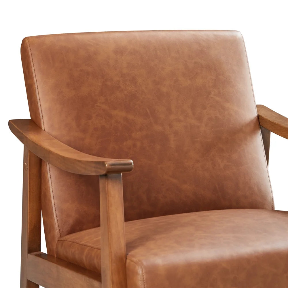 2Pcs Mid-Century Upholstered Faux Leather Armchair with Solid Wood Legs, Light Brown