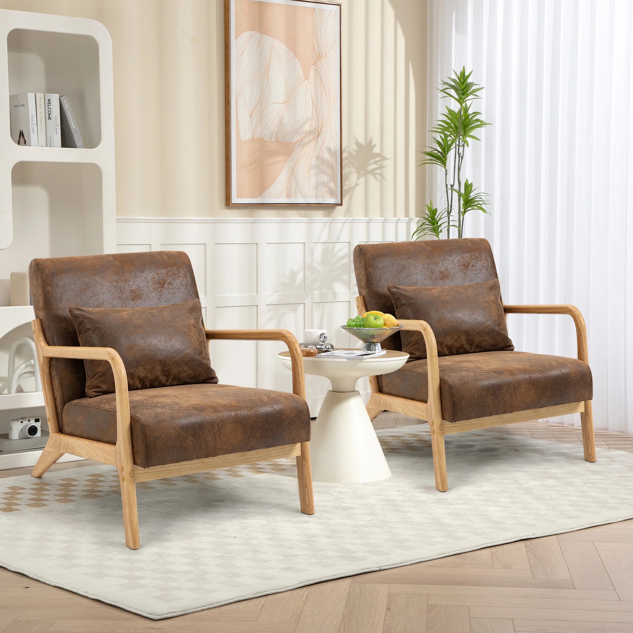 Mid-Century Modern Accent Chair, PU Leather Arm Chair with Wood Frame and Pillow, Upholstered Armchair Comfort Reading Chair Lounge Chair for Living Room Bedroom Sunroom, Brown