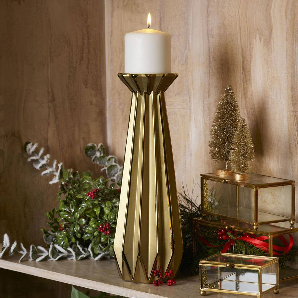 4.72X4.72X13.39 Inch Gold Ribbed Ceramic Candle Holder, for Use with Pillar Candle