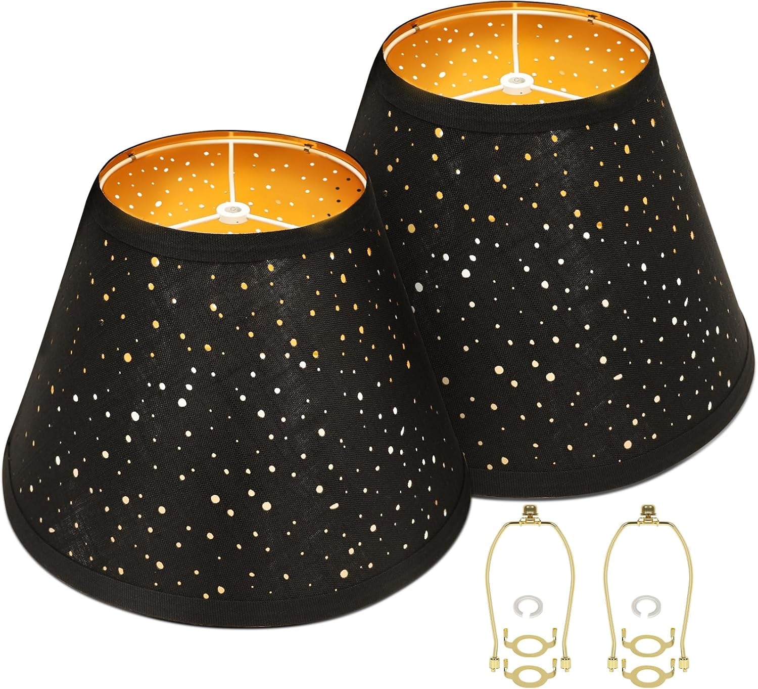 Black Lamp Shades Set of 2, Barrel Lampshade with Sky Stars Design, 7X13X9 Inch Lamphades for Table Floor Lamp, Easy Assembly Required Fabric Lamp Cover, Lamp Shade Harp Holder Included