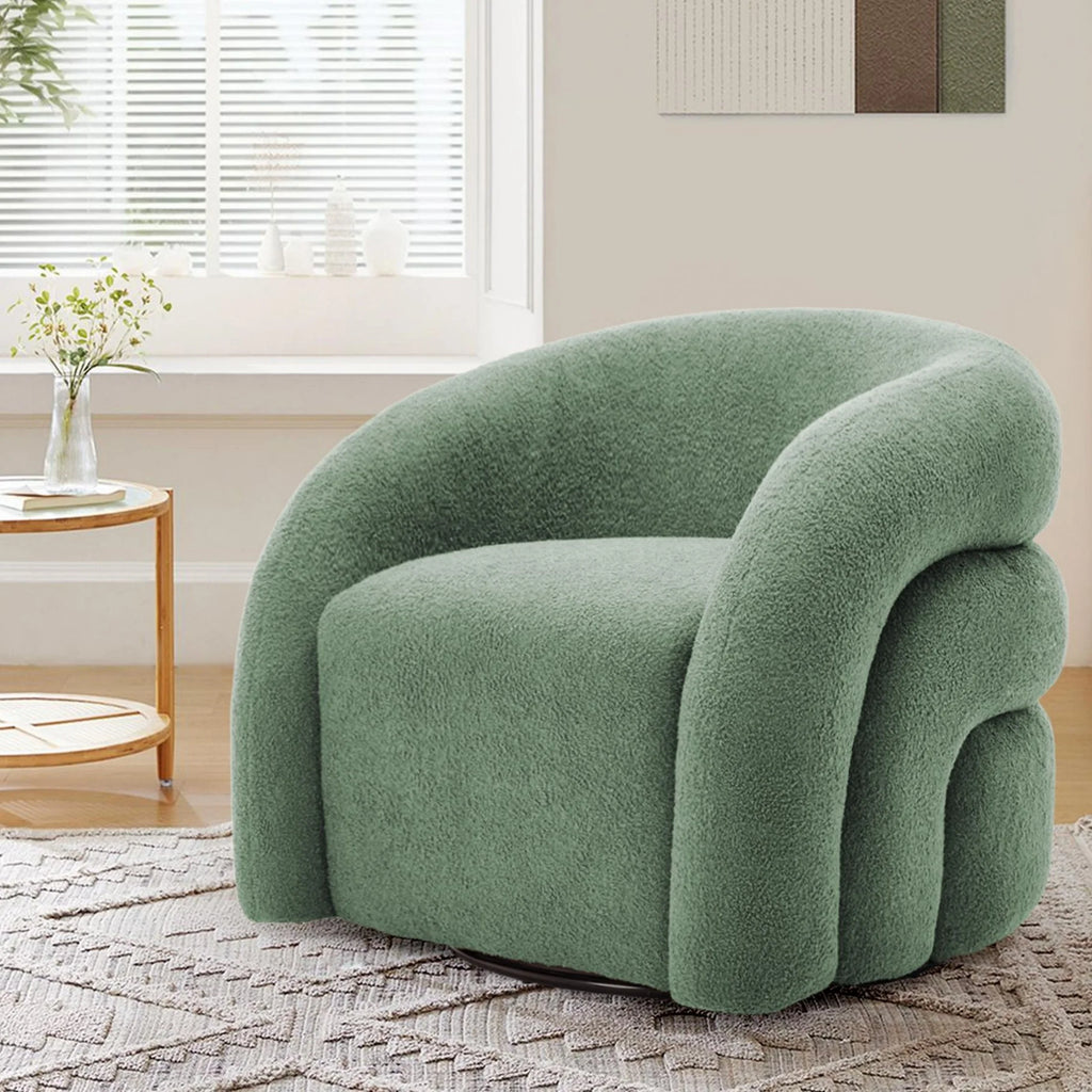 360° Swivel Accent Chair for Living Room, Boucle Barrel Armchair Single Sofa Chair Reading Chair, Sage Green